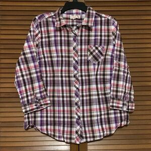 100% Cotton OP Ocean Pacific Plaid Magenta Button Down Shirt XL 15/17